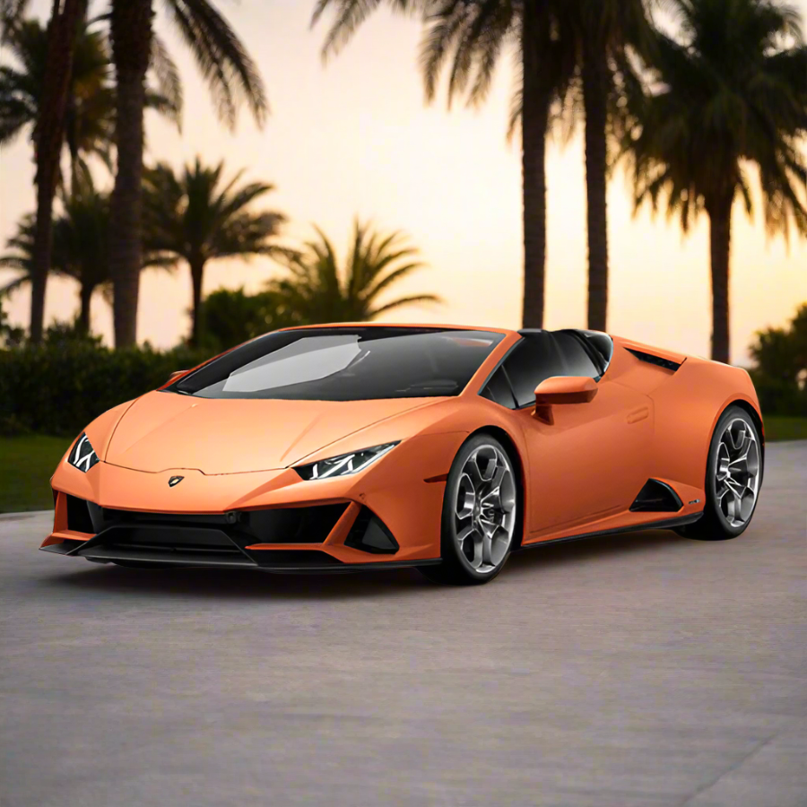 Orange sports car on a road with palm trees in the background